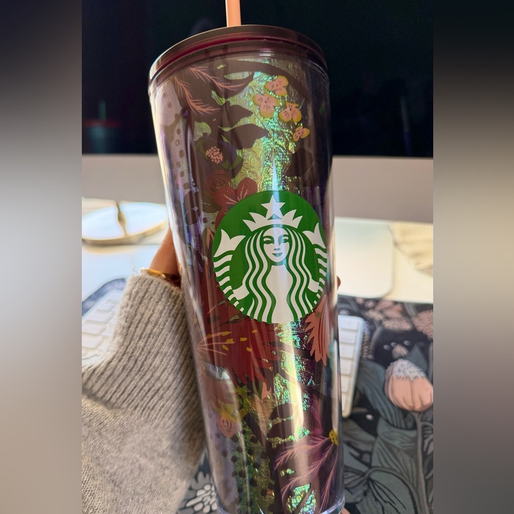 Starbucks Iridescent Plum Floral Tumbler with classic Green Logo